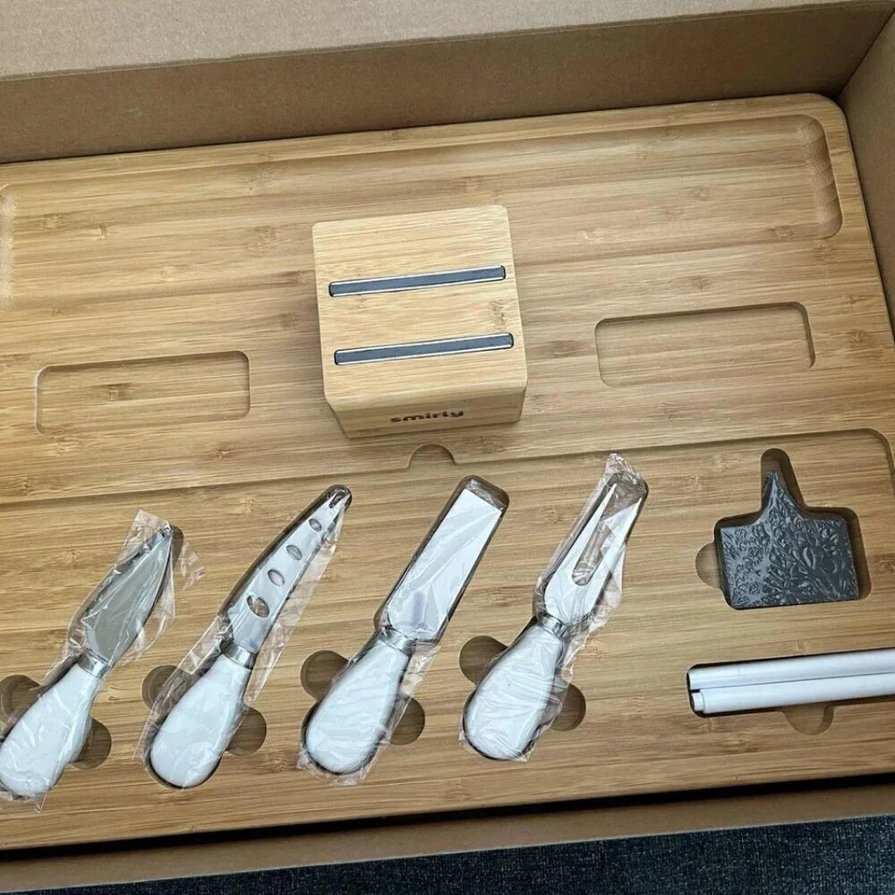 NEW Premium Bamboo Cheeseboard Cheese & Cracker Tray with Utensils
